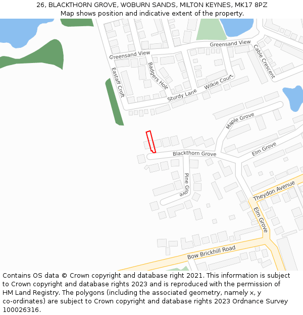 26, BLACKTHORN GROVE, WOBURN SANDS, MILTON KEYNES, MK17 8PZ: Location map and indicative extent of plot