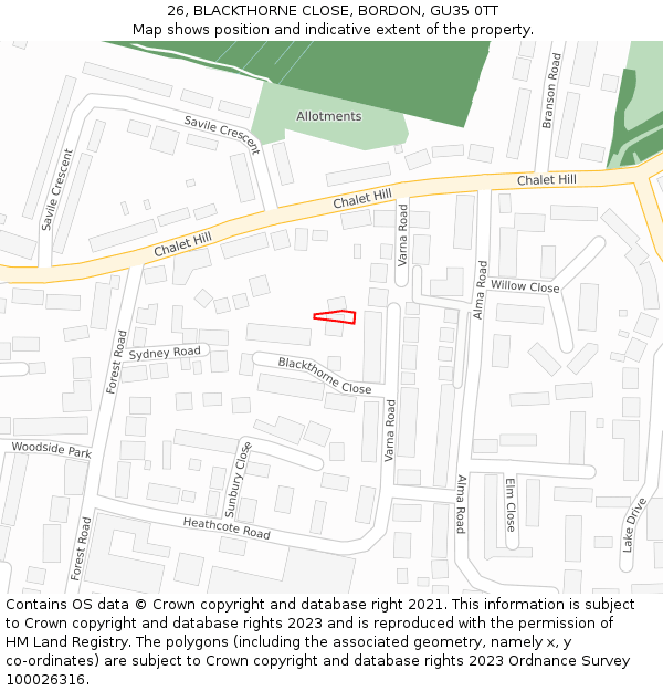 26, BLACKTHORNE CLOSE, BORDON, GU35 0TT: Location map and indicative extent of plot