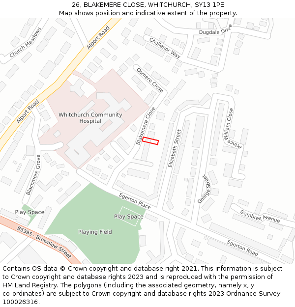 26, BLAKEMERE CLOSE, WHITCHURCH, SY13 1PE: Location map and indicative extent of plot
