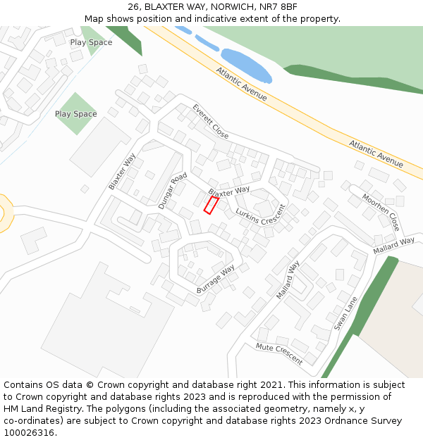 26, BLAXTER WAY, NORWICH, NR7 8BF: Location map and indicative extent of plot