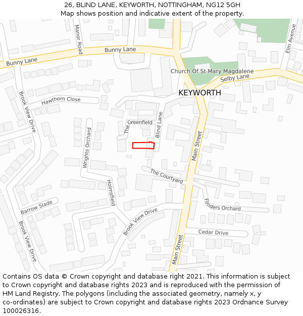 26, BLIND LANE, KEYWORTH, NOTTINGHAM, NG12 5GH: Location map and indicative extent of plot