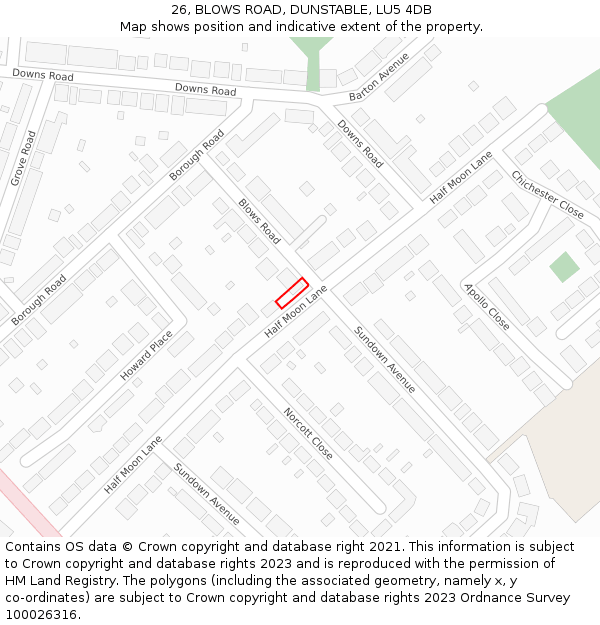 26, BLOWS ROAD, DUNSTABLE, LU5 4DB: Location map and indicative extent of plot