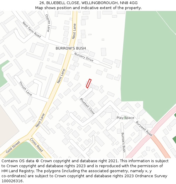 26, BLUEBELL CLOSE, WELLINGBOROUGH, NN8 4GG: Location map and indicative extent of plot