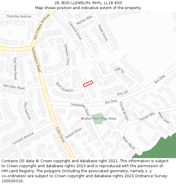 26, BOD LLEWELYN, RHYL, LL18 4NS: Location map and indicative extent of plot