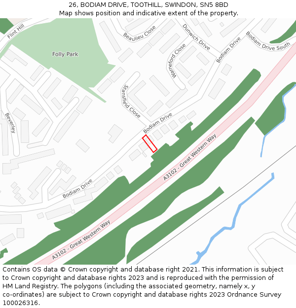 26, BODIAM DRIVE, TOOTHILL, SWINDON, SN5 8BD: Location map and indicative extent of plot