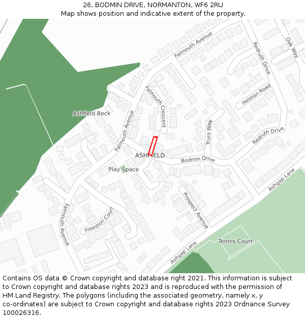 26, BODMIN DRIVE, NORMANTON, WF6 2RU: Location map and indicative extent of plot