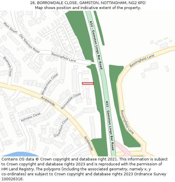 26, BORROWDALE CLOSE, GAMSTON, NOTTINGHAM, NG2 6PD: Location map and indicative extent of plot