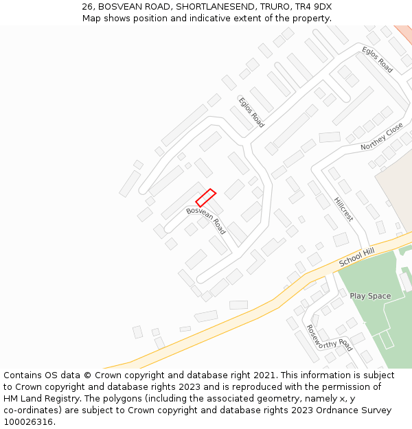 26, BOSVEAN ROAD, SHORTLANESEND, TRURO, TR4 9DX: Location map and indicative extent of plot