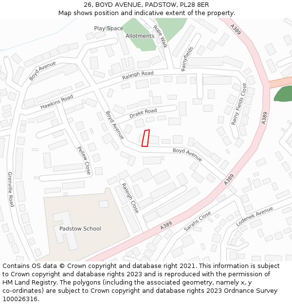 26, BOYD AVENUE, PADSTOW, PL28 8ER: Location map and indicative extent of plot