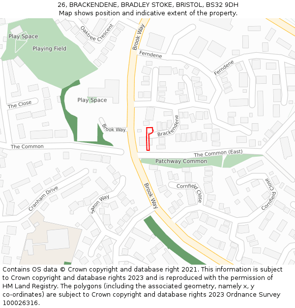 26, BRACKENDENE, BRADLEY STOKE, BRISTOL, BS32 9DH: Location map and indicative extent of plot