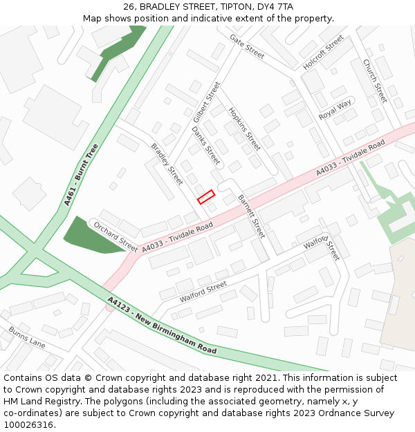 26, BRADLEY STREET, TIPTON, DY4 7TA: Location map and indicative extent of plot