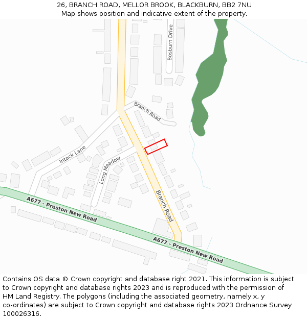 26, BRANCH ROAD, MELLOR BROOK, BLACKBURN, BB2 7NU: Location map and indicative extent of plot