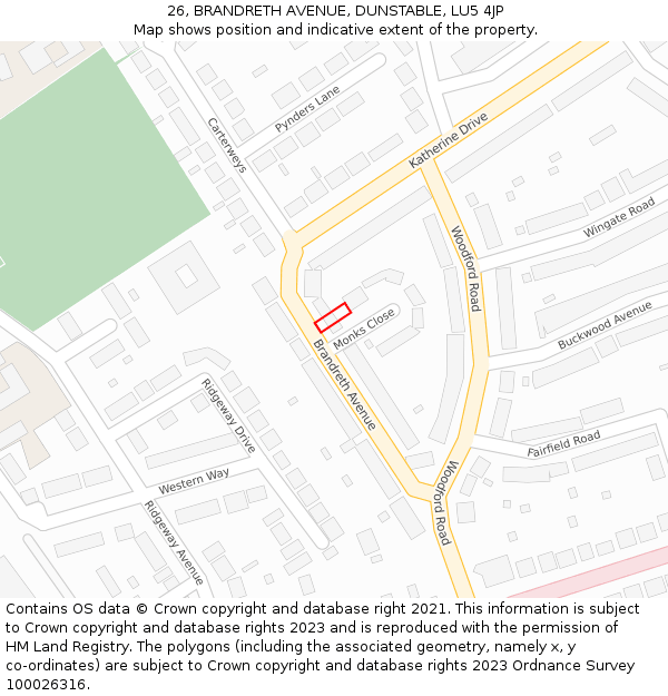 26, BRANDRETH AVENUE, DUNSTABLE, LU5 4JP: Location map and indicative extent of plot