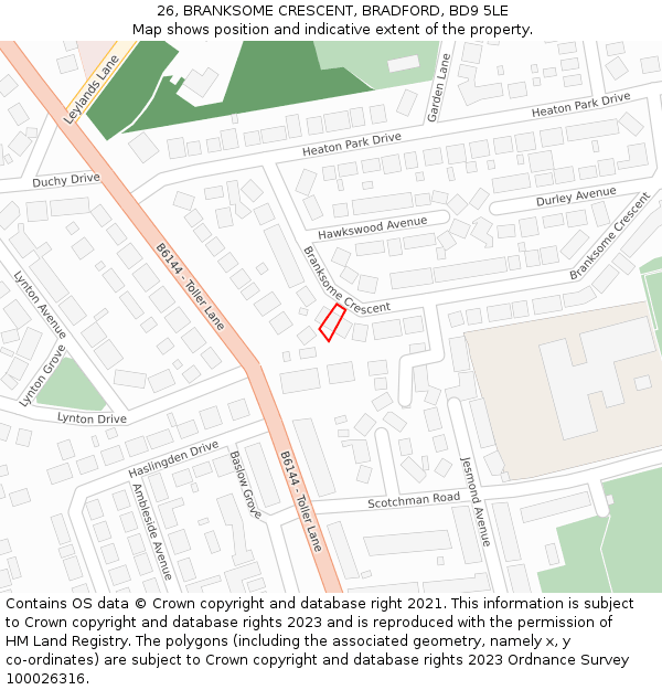 26, BRANKSOME CRESCENT, BRADFORD, BD9 5LE: Location map and indicative extent of plot