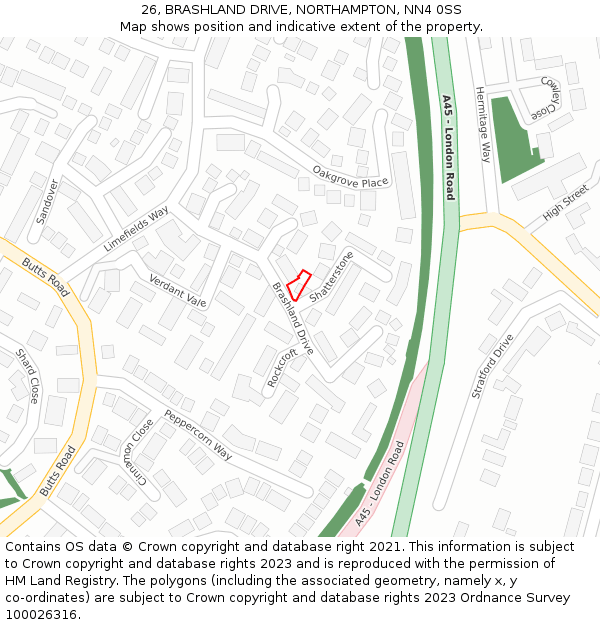 26, BRASHLAND DRIVE, NORTHAMPTON, NN4 0SS: Location map and indicative extent of plot