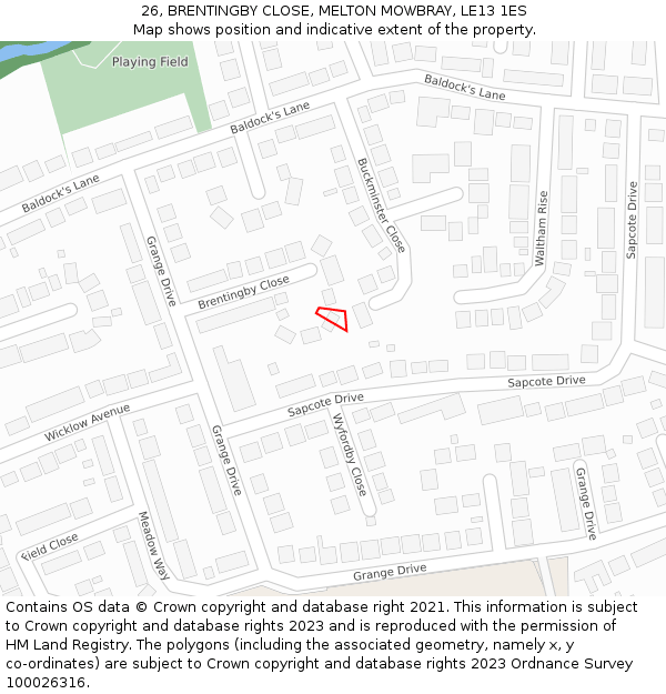 26, BRENTINGBY CLOSE, MELTON MOWBRAY, LE13 1ES: Location map and indicative extent of plot