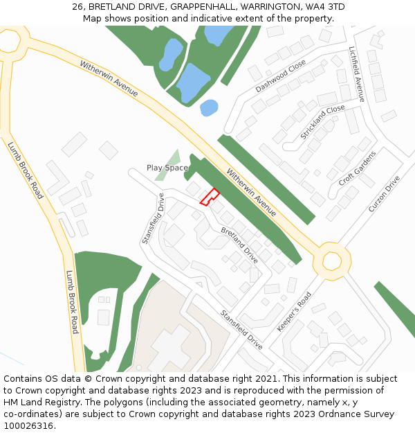 26, BRETLAND DRIVE, GRAPPENHALL, WARRINGTON, WA4 3TD: Location map and indicative extent of plot