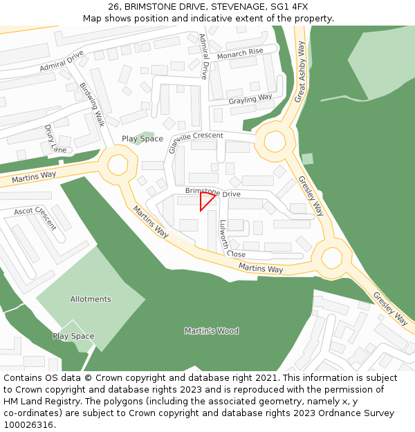 26, BRIMSTONE DRIVE, STEVENAGE, SG1 4FX: Location map and indicative extent of plot