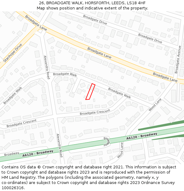 26, BROADGATE WALK, HORSFORTH, LEEDS, LS18 4HF: Location map and indicative extent of plot