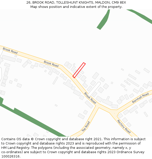 26, BROOK ROAD, TOLLESHUNT KNIGHTS, MALDON, CM9 8EX: Location map and indicative extent of plot