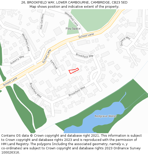 26, BROOKFIELD WAY, LOWER CAMBOURNE, CAMBRIDGE, CB23 5ED: Location map and indicative extent of plot