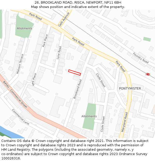 26, BROOKLAND ROAD, RISCA, NEWPORT, NP11 6BH: Location map and indicative extent of plot