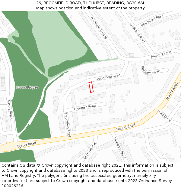 26, BROOMFIELD ROAD, TILEHURST, READING, RG30 6AL: Location map and indicative extent of plot