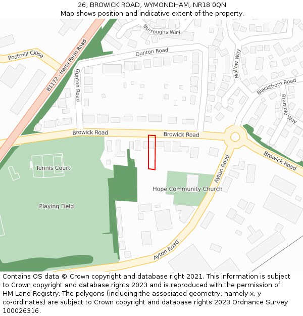 26, BROWICK ROAD, WYMONDHAM, NR18 0QN: Location map and indicative extent of plot