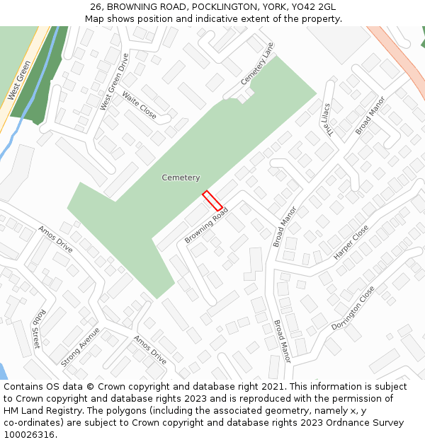 26, BROWNING ROAD, POCKLINGTON, YORK, YO42 2GL: Location map and indicative extent of plot