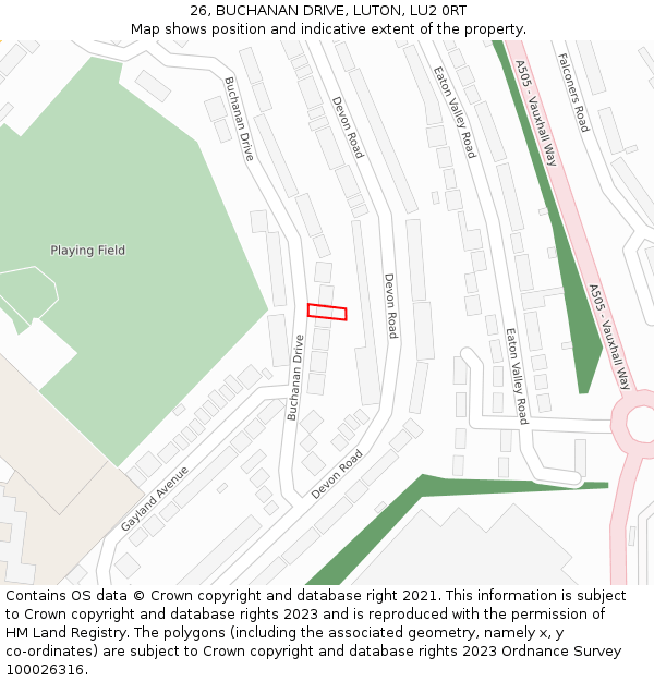 26, BUCHANAN DRIVE, LUTON, LU2 0RT: Location map and indicative extent of plot