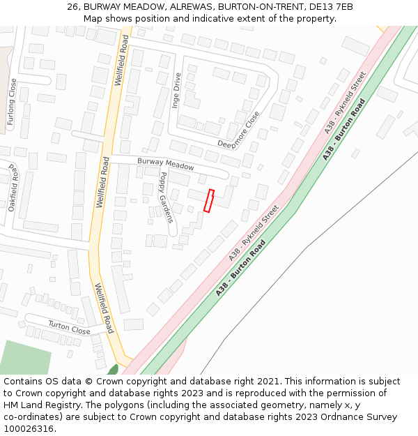 26, BURWAY MEADOW, ALREWAS, BURTON-ON-TRENT, DE13 7EB: Location map and indicative extent of plot
