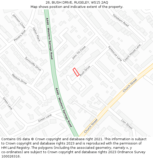 26, BUSH DRIVE, RUGELEY, WS15 2AQ: Location map and indicative extent of plot