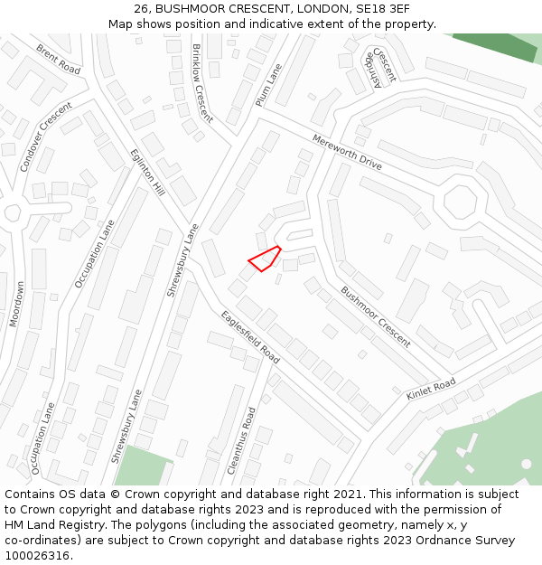 26, BUSHMOOR CRESCENT, LONDON, SE18 3EF: Location map and indicative extent of plot
