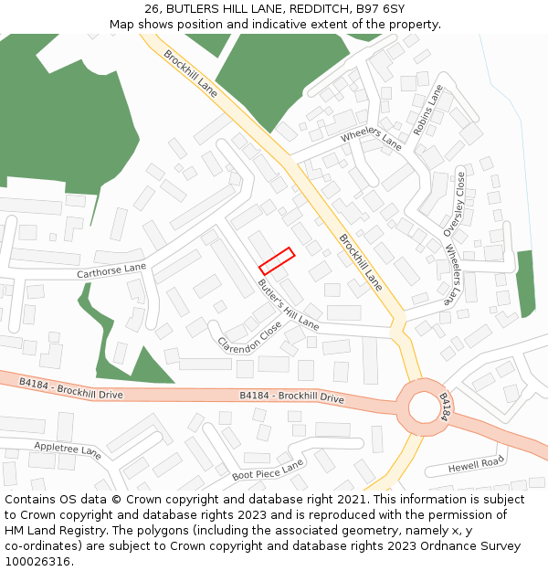 26, BUTLERS HILL LANE, REDDITCH, B97 6SY: Location map and indicative extent of plot