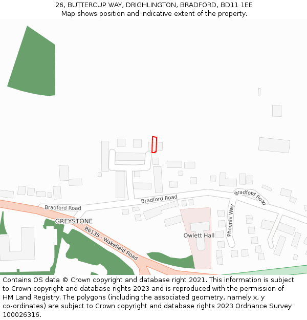 26, BUTTERCUP WAY, DRIGHLINGTON, BRADFORD, BD11 1EE: Location map and indicative extent of plot