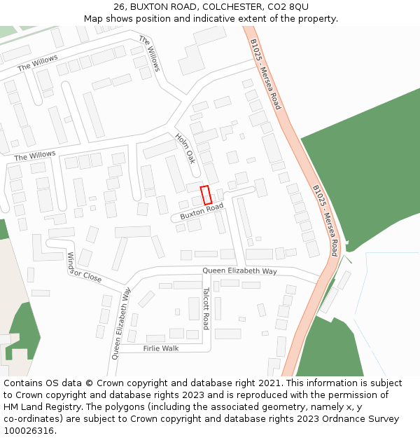 26, BUXTON ROAD, COLCHESTER, CO2 8QU: Location map and indicative extent of plot