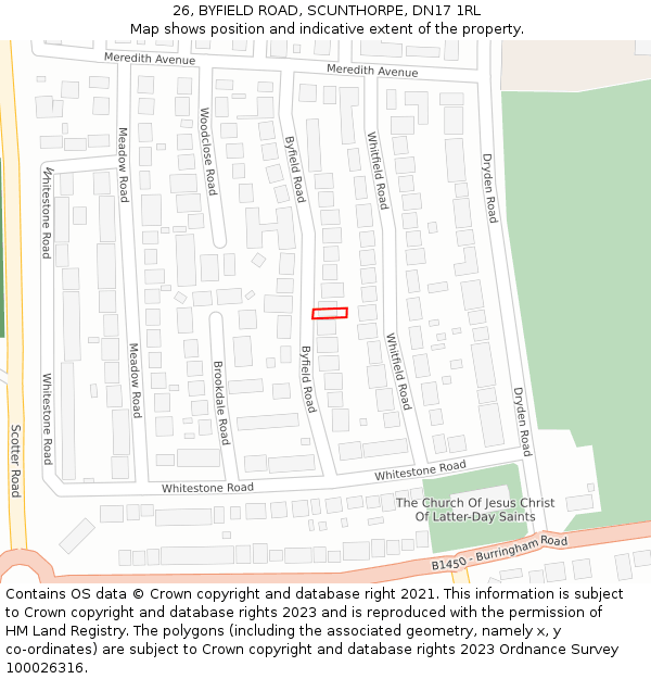 26, BYFIELD ROAD, SCUNTHORPE, DN17 1RL: Location map and indicative extent of plot