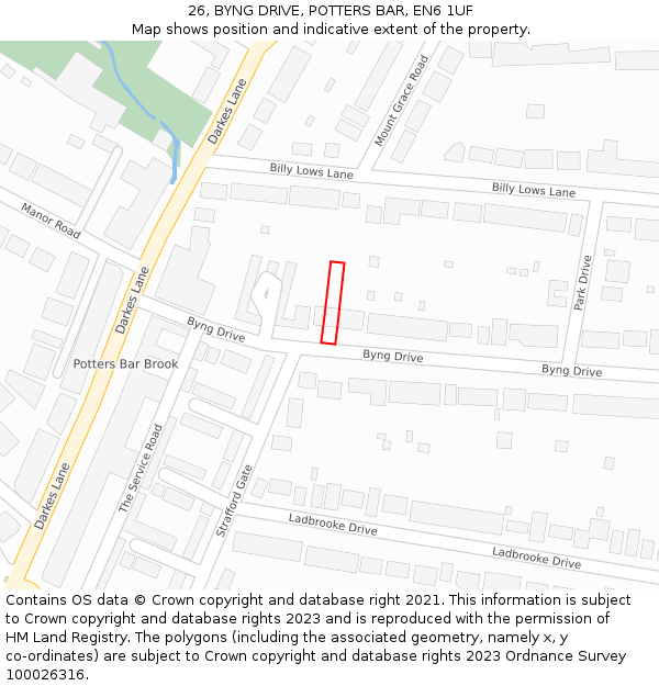 26, BYNG DRIVE, POTTERS BAR, EN6 1UF: Location map and indicative extent of plot