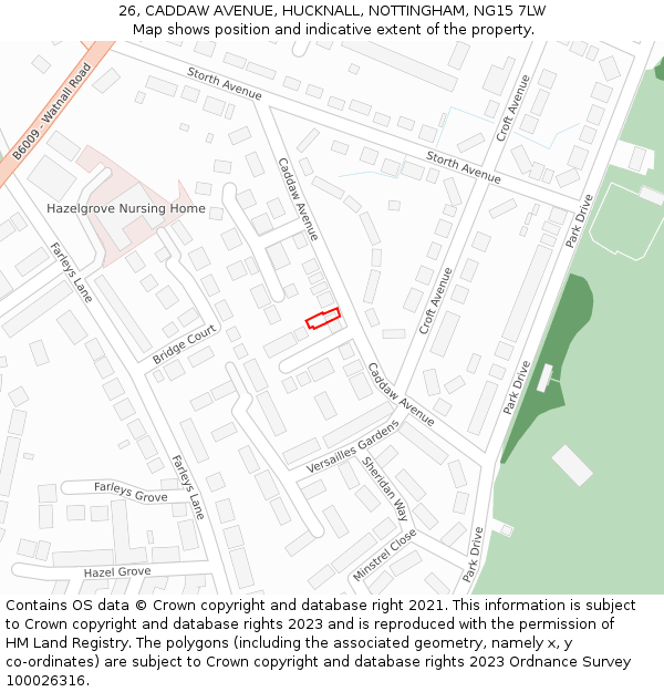 26, CADDAW AVENUE, HUCKNALL, NOTTINGHAM, NG15 7LW: Location map and indicative extent of plot