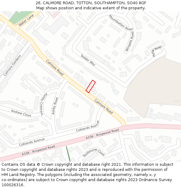 26, CALMORE ROAD, TOTTON, SOUTHAMPTON, SO40 8GF: Location map and indicative extent of plot