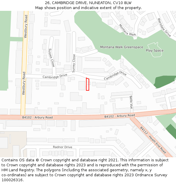 26, CAMBRIDGE DRIVE, NUNEATON, CV10 8LW: Location map and indicative extent of plot