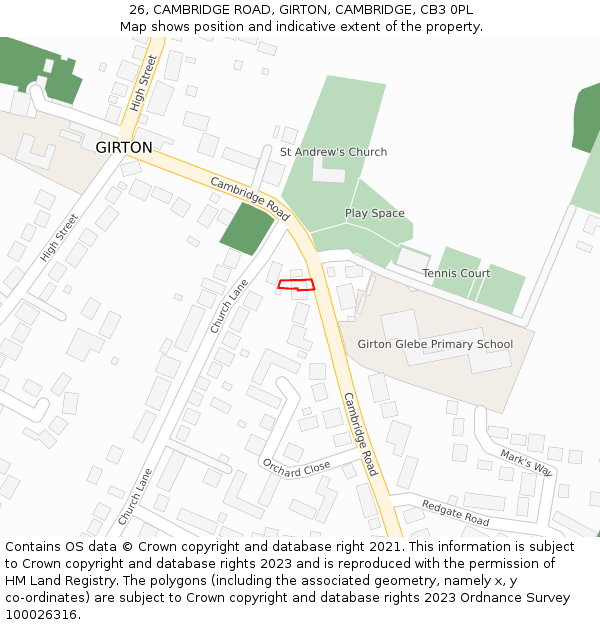 26, CAMBRIDGE ROAD, GIRTON, CAMBRIDGE, CB3 0PL: Location map and indicative extent of plot