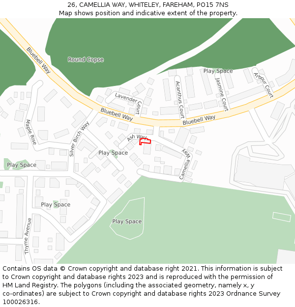 26, CAMELLIA WAY, WHITELEY, FAREHAM, PO15 7NS: Location map and indicative extent of plot