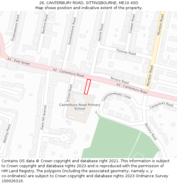 26, CANTERBURY ROAD, SITTINGBOURNE, ME10 4SD: Location map and indicative extent of plot