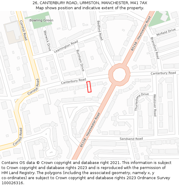 26, CANTERBURY ROAD, URMSTON, MANCHESTER, M41 7AX: Location map and indicative extent of plot