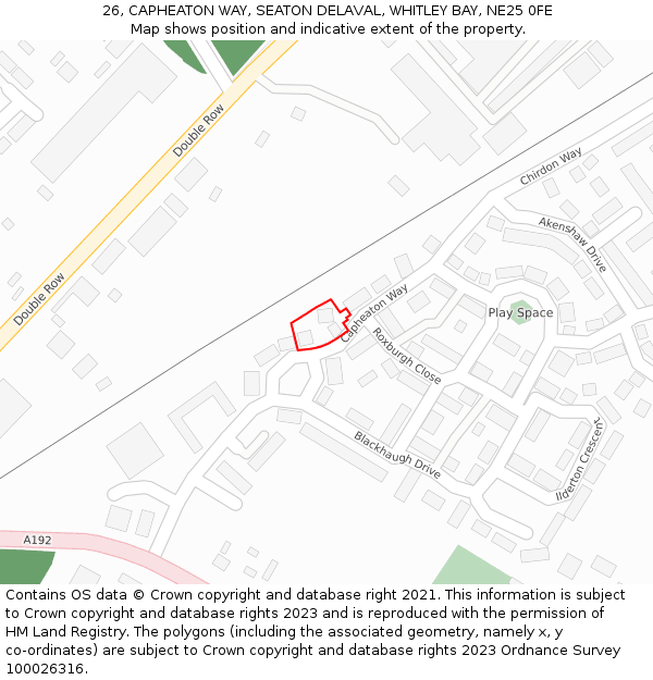 26, CAPHEATON WAY, SEATON DELAVAL, WHITLEY BAY, NE25 0FE: Location map and indicative extent of plot