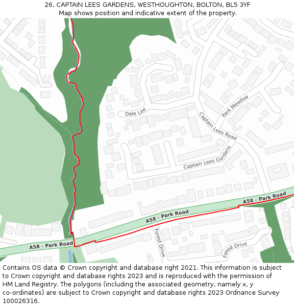 26, CAPTAIN LEES GARDENS, WESTHOUGHTON, BOLTON, BL5 3YF: Location map and indicative extent of plot