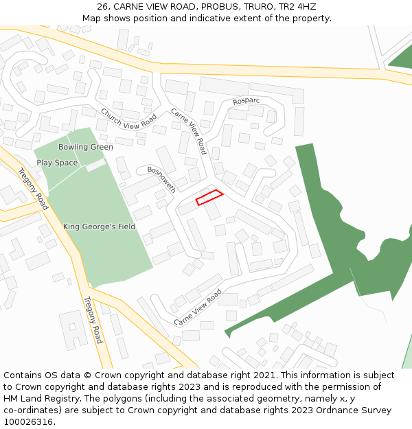 26, CARNE VIEW ROAD, PROBUS, TRURO, TR2 4HZ: Location map and indicative extent of plot