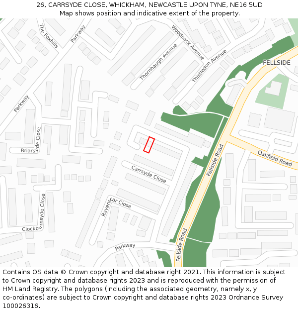 26, CARRSYDE CLOSE, WHICKHAM, NEWCASTLE UPON TYNE, NE16 5UD: Location map and indicative extent of plot