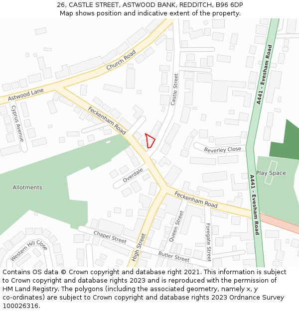 26, CASTLE STREET, ASTWOOD BANK, REDDITCH, B96 6DP: Location map and indicative extent of plot